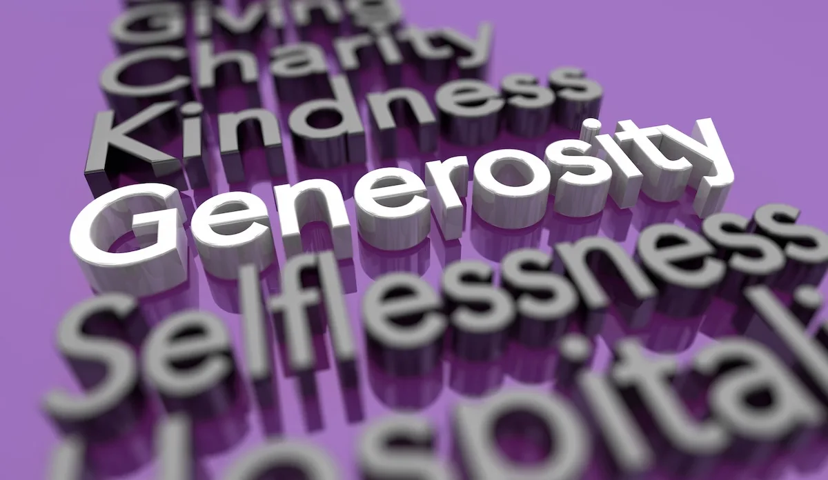 Generosity, Giving, Caring, and other words describing a generous spirit on a background of purple.