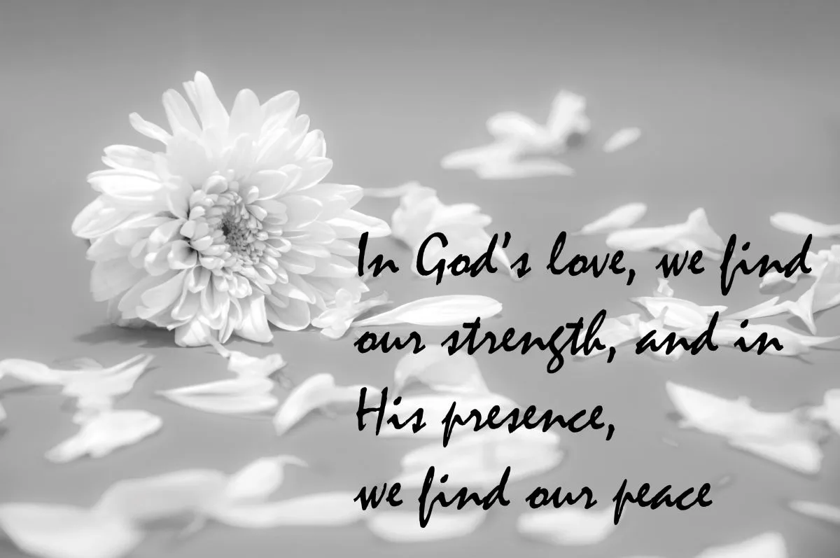A picture of a flower on its side with a word of encouragement about finding peace in God.