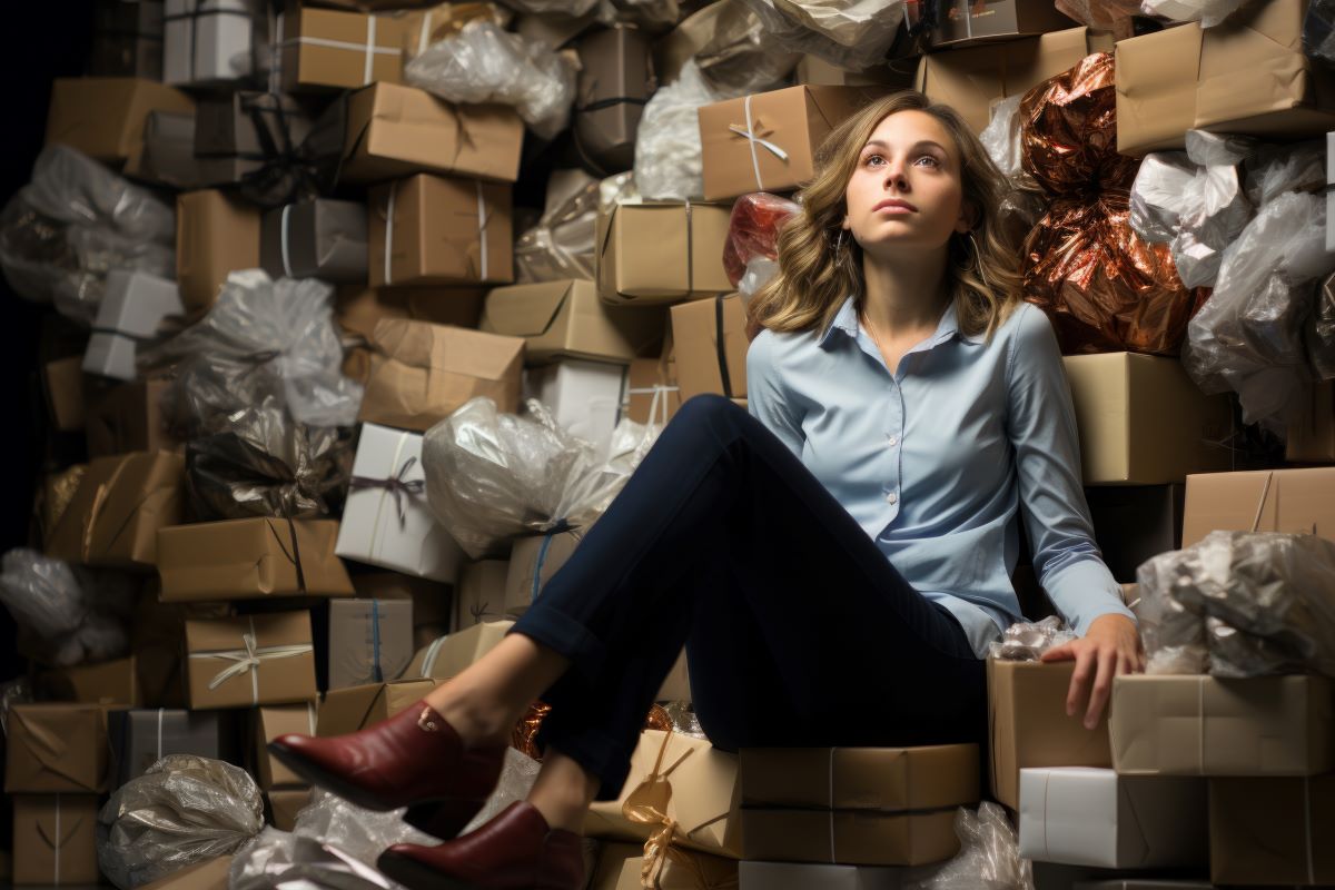 A woman appears overwhelmed in a pile of shopping boxes.